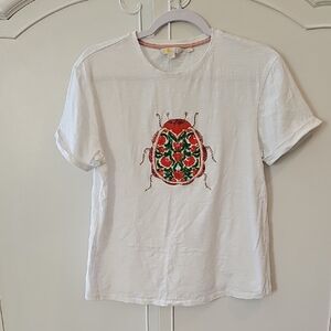 Boden White Tee with Colorful Bug Embroidery And Beading